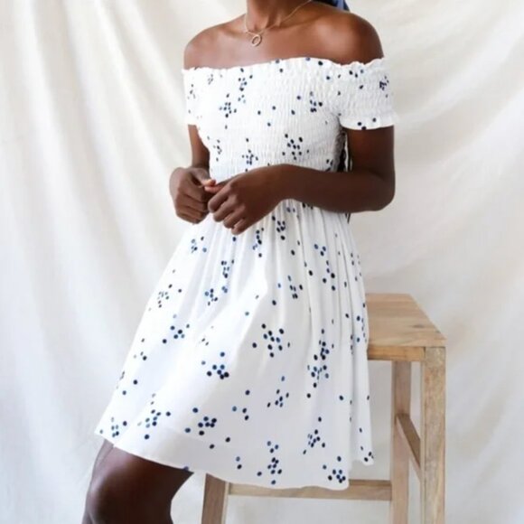 Santa Monica Pier Blue and White Print Off-the-Shoulder Dress - Picture 15 of 16